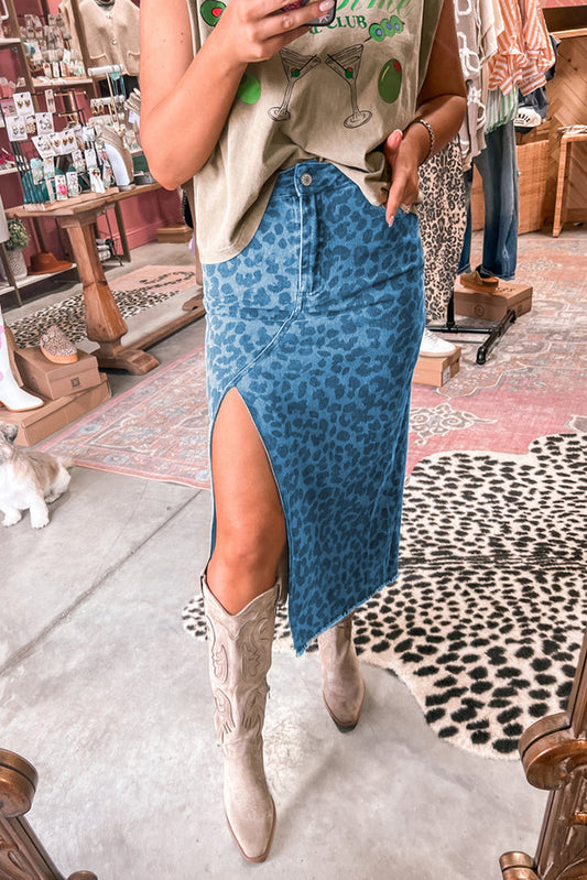 Sky Blue Leopard Denim Frayed Split Denim Midi Skirt-Bottoms/Skirts & Petticoat-[Adult]-[Female]-Sky Blue-S-2022 Online Blue Zone Planet