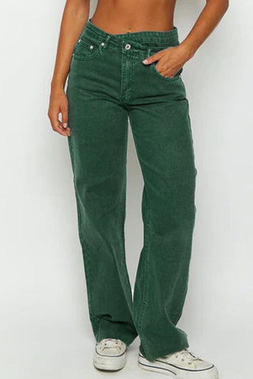 Green Crossed Waist Raw Hem Shift Jeans-Bottoms/Jeans-[Adult]-[Female]-Green-4-2022 Online Blue Zone Planet