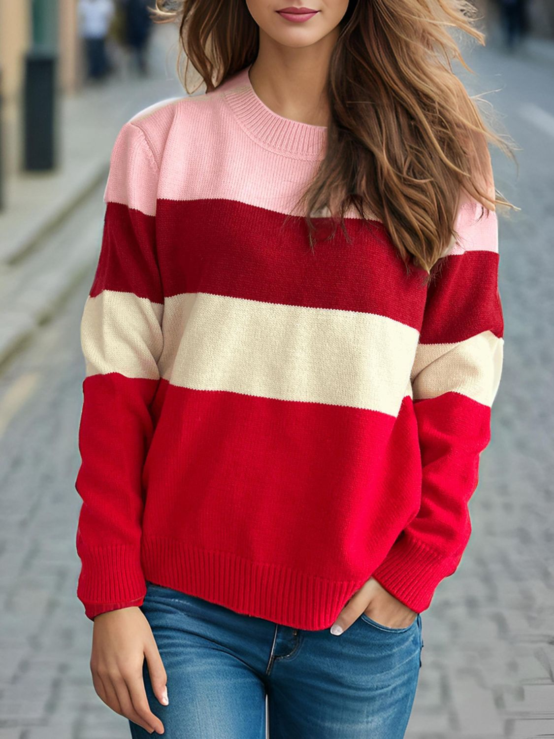 Blue Zone Planet | Color Block Round Neck Long Sleeve Sweater-TOPS / DRESSES-[Adult]-[Female]-Deep Red-One Size-2022 Online Blue Zone Planet