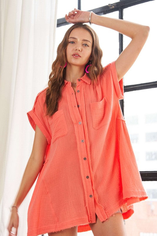 ADORA Raw Hem Collared Neck Button Down Shirt-TOPS / DRESSES-[Adult]-[Female]-Coral-S-2022 Online Blue Zone Planet