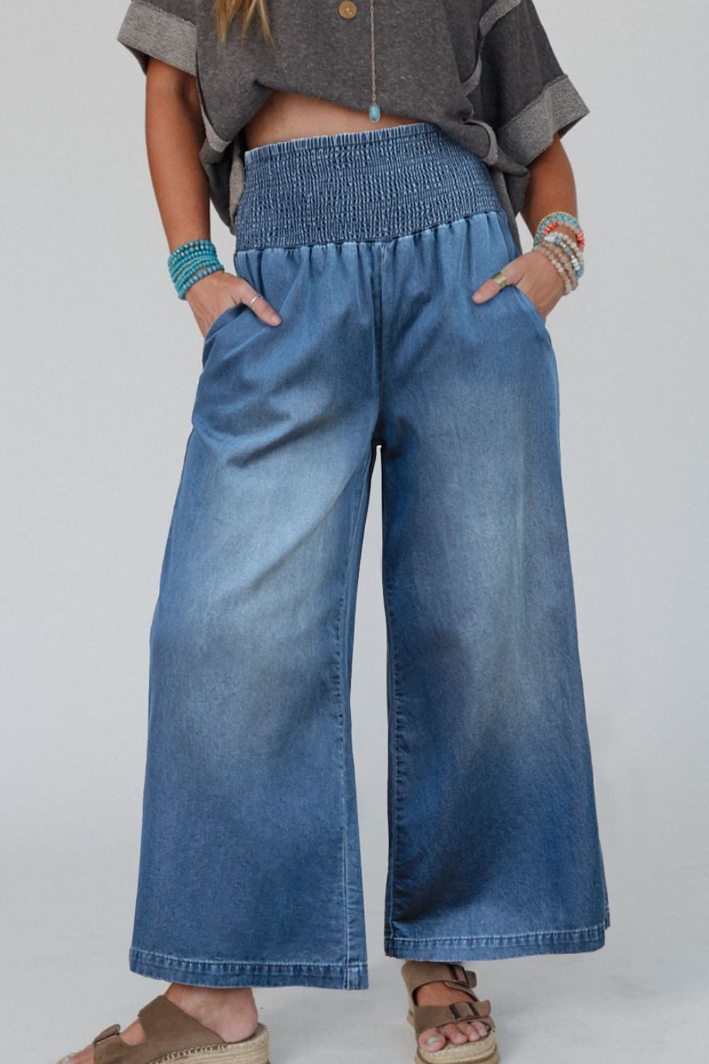 Smocked Wide Leg Jeans-BOTTOMS-[Adult]-[Female]-2022 Online Blue Zone Planet