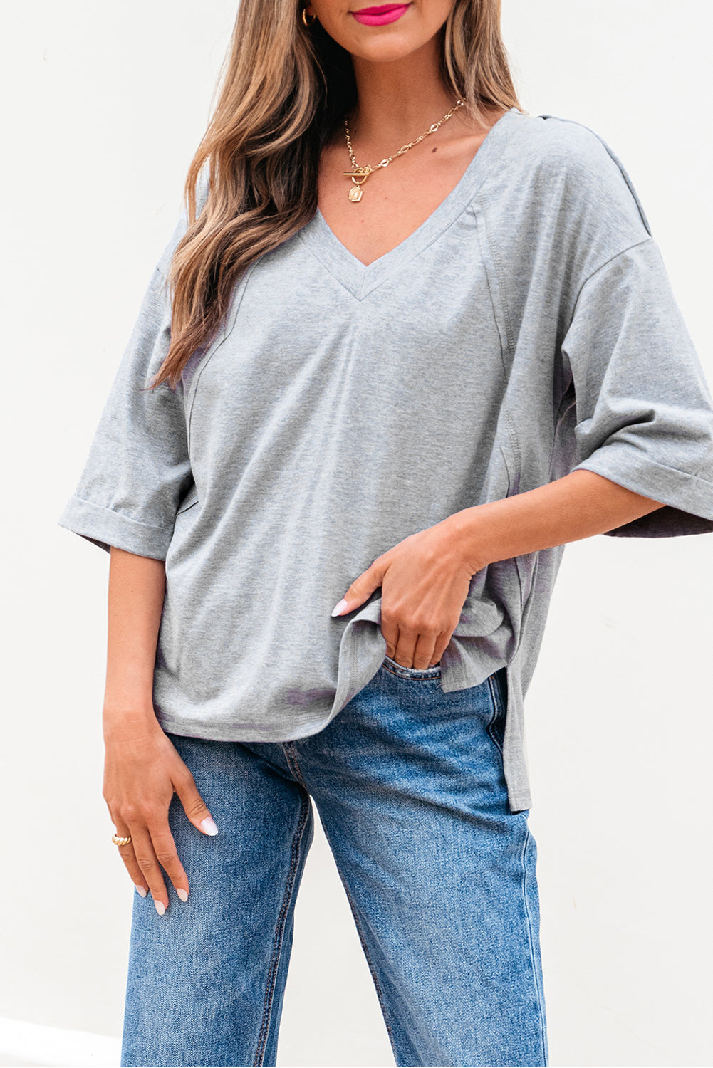 High Raglan Half Sleeve V Neck Oversized T Shirt-Tops/Tops & Tees-[Adult]-[Female]-High-rise-S-2022 Online Blue Zone Planet
