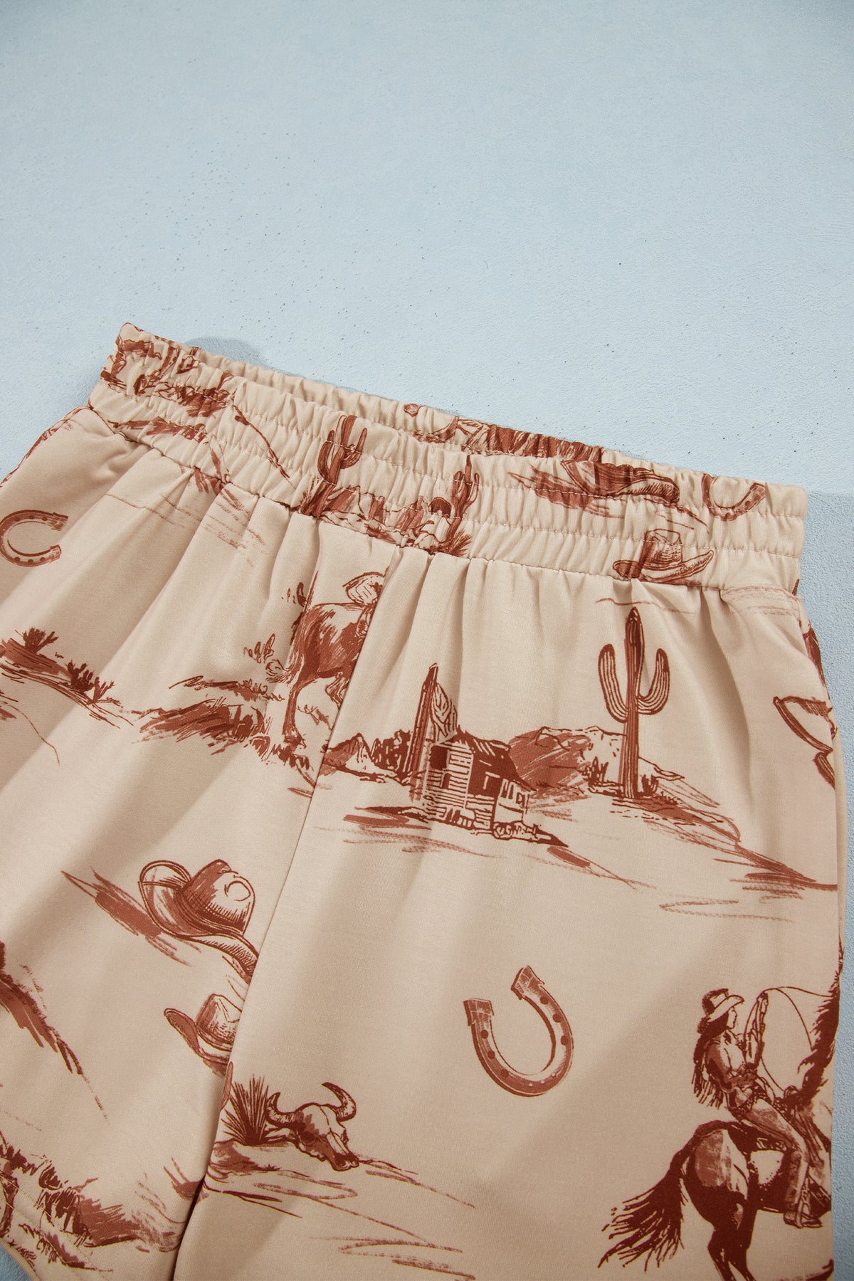 Beige Western Print Loose Fit Long Sleeve Top Short Set-Two Piece Sets/Short Sets-[Adult]-[Female]-2022 Online Blue Zone Planet