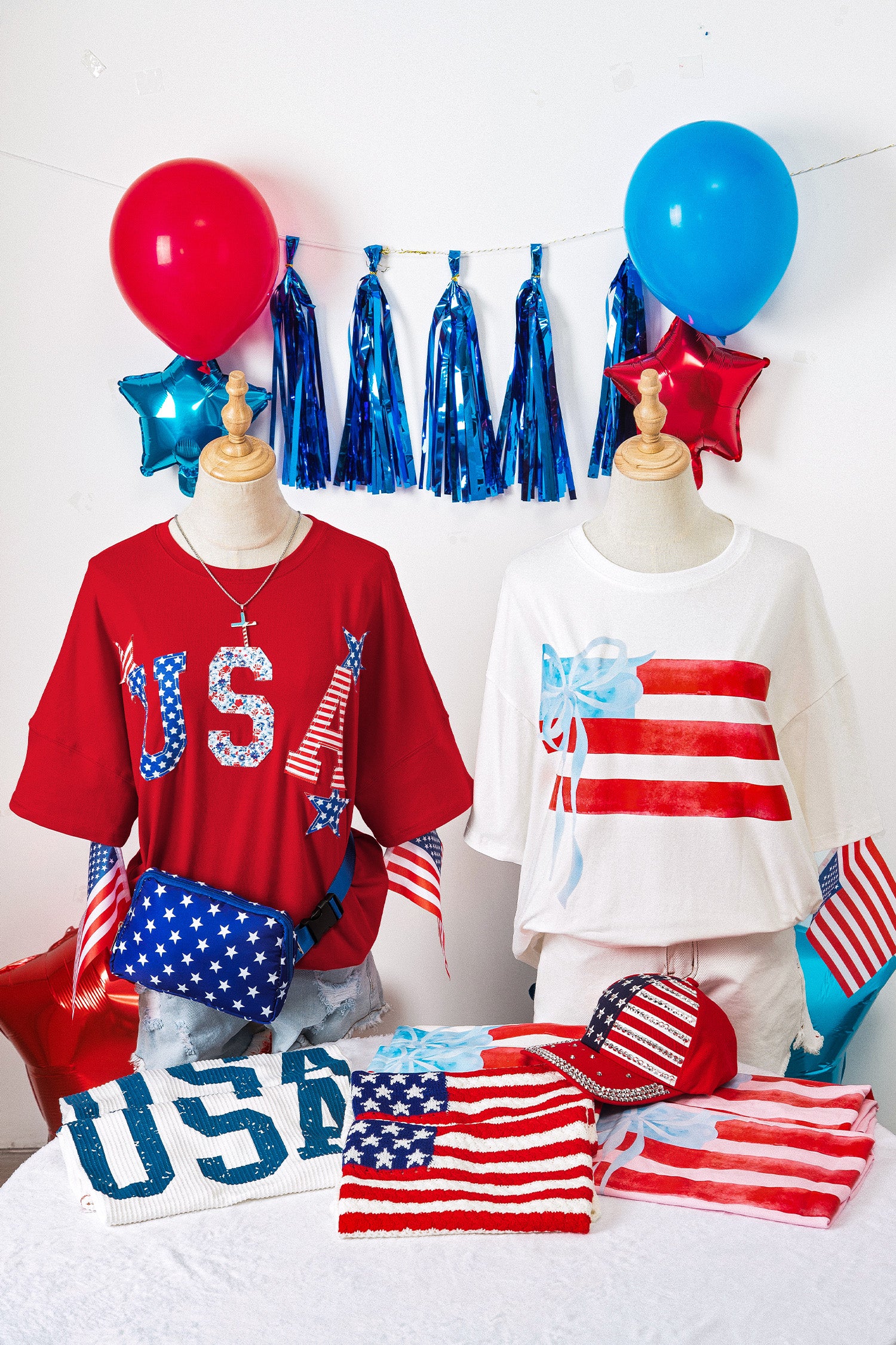 Fiery Red Patriotic Usa Slogan Patch Embroidery Short Sleeve T Shirt-Tops/Tops & Tees-[Adult]-[Female]-2022 Online Blue Zone Planet
