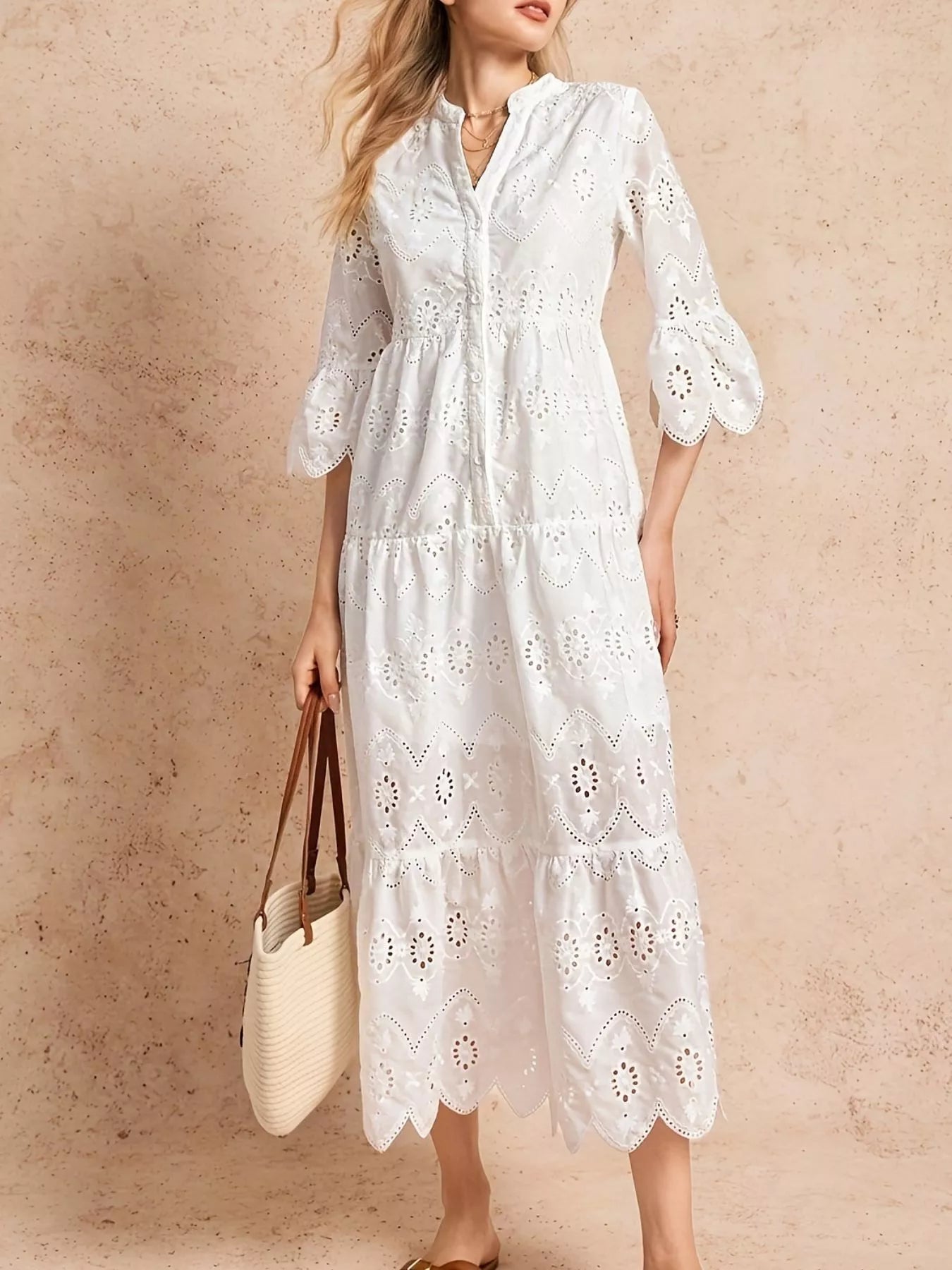 eyelet tiered midi dress Maurices Women's Bare Embroidered Eyelet Tiered Midi Dress Brown Size XX Large
