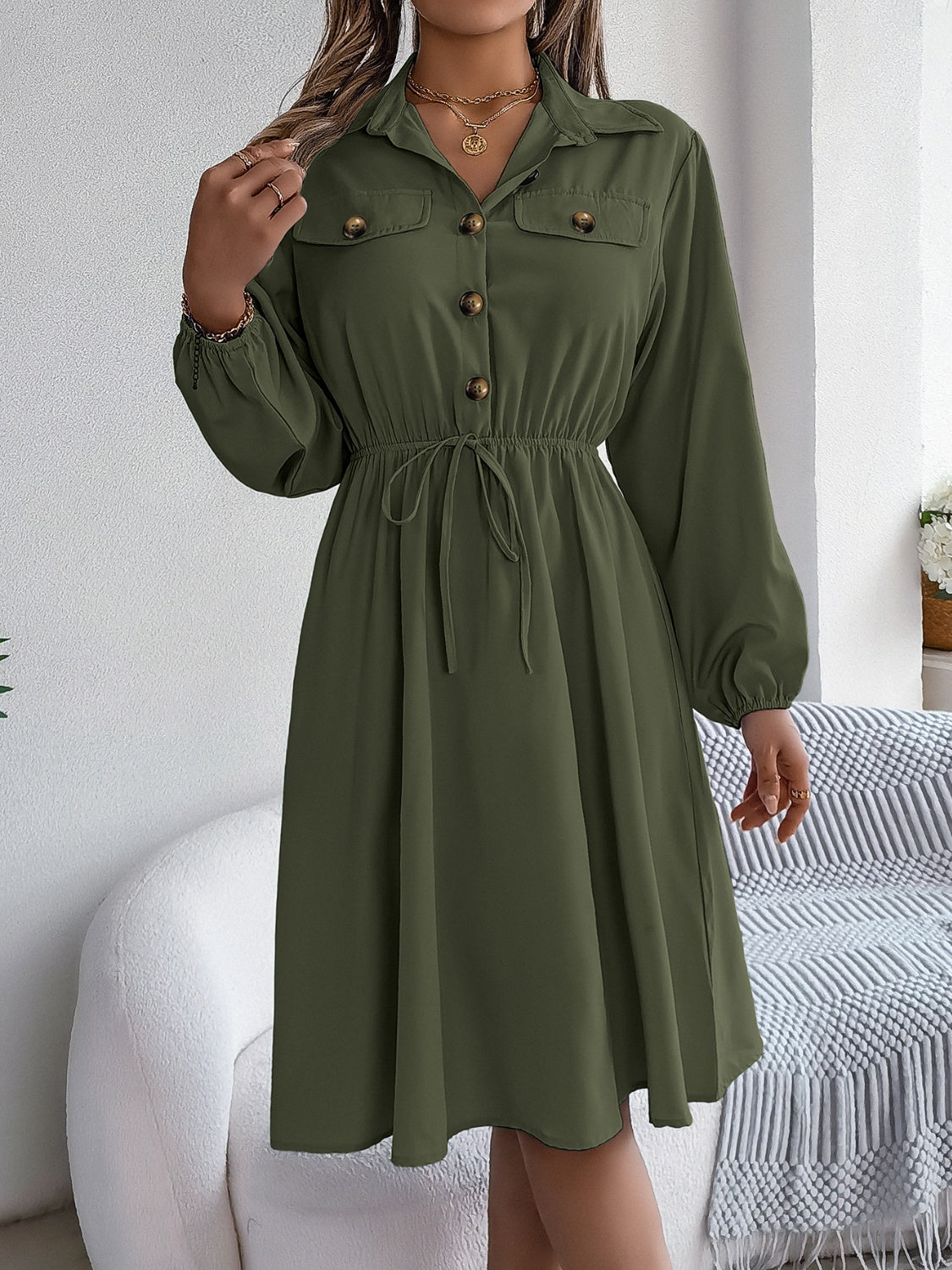 long sleeve collared dresses for women Long Sleeve Collared Button Up Tea Length Dress 2 / Blush