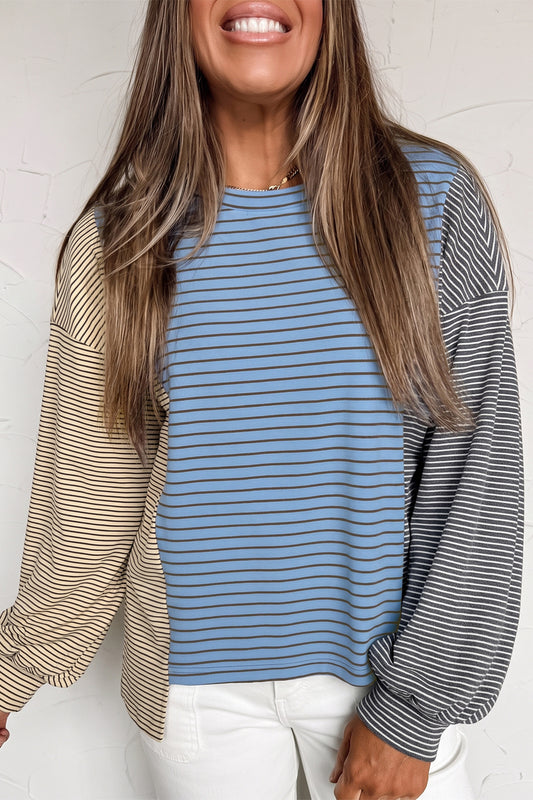 Sky Blue Stripe Color Block Contrast Long Sleeve Round Neck Casual Shift Pullover-Tops/Long Sleeve Tops-[Adult]-[Female]-Sky Blue Stripe-S-2022 Online Blue Zone Planet