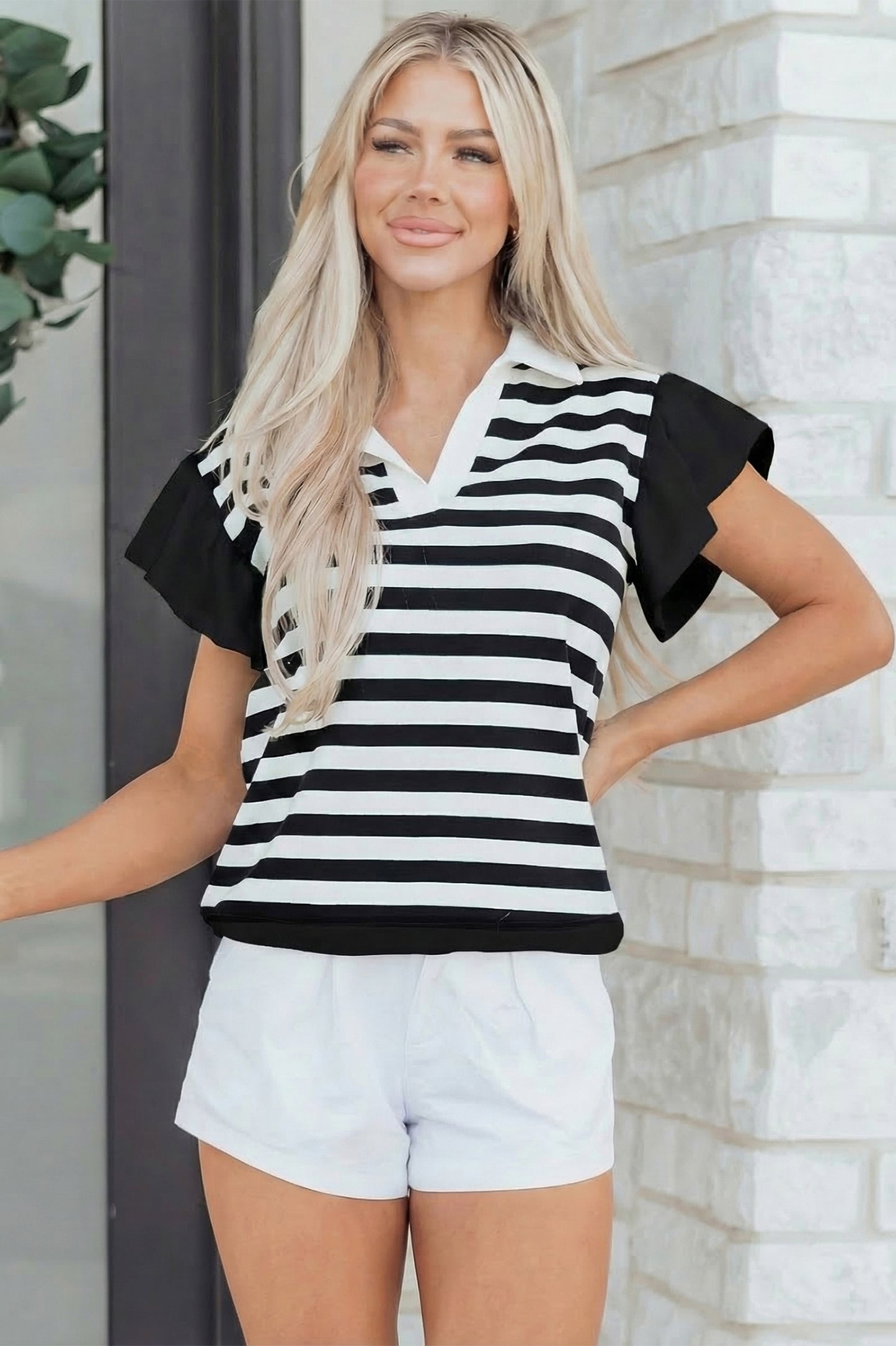 Black Stripe Collar V Neck Ruffled Short Sleeve Blouse-Tops/Blouses & Shirts-[Adult]-[Female]-2022 Online Blue Zone Planet