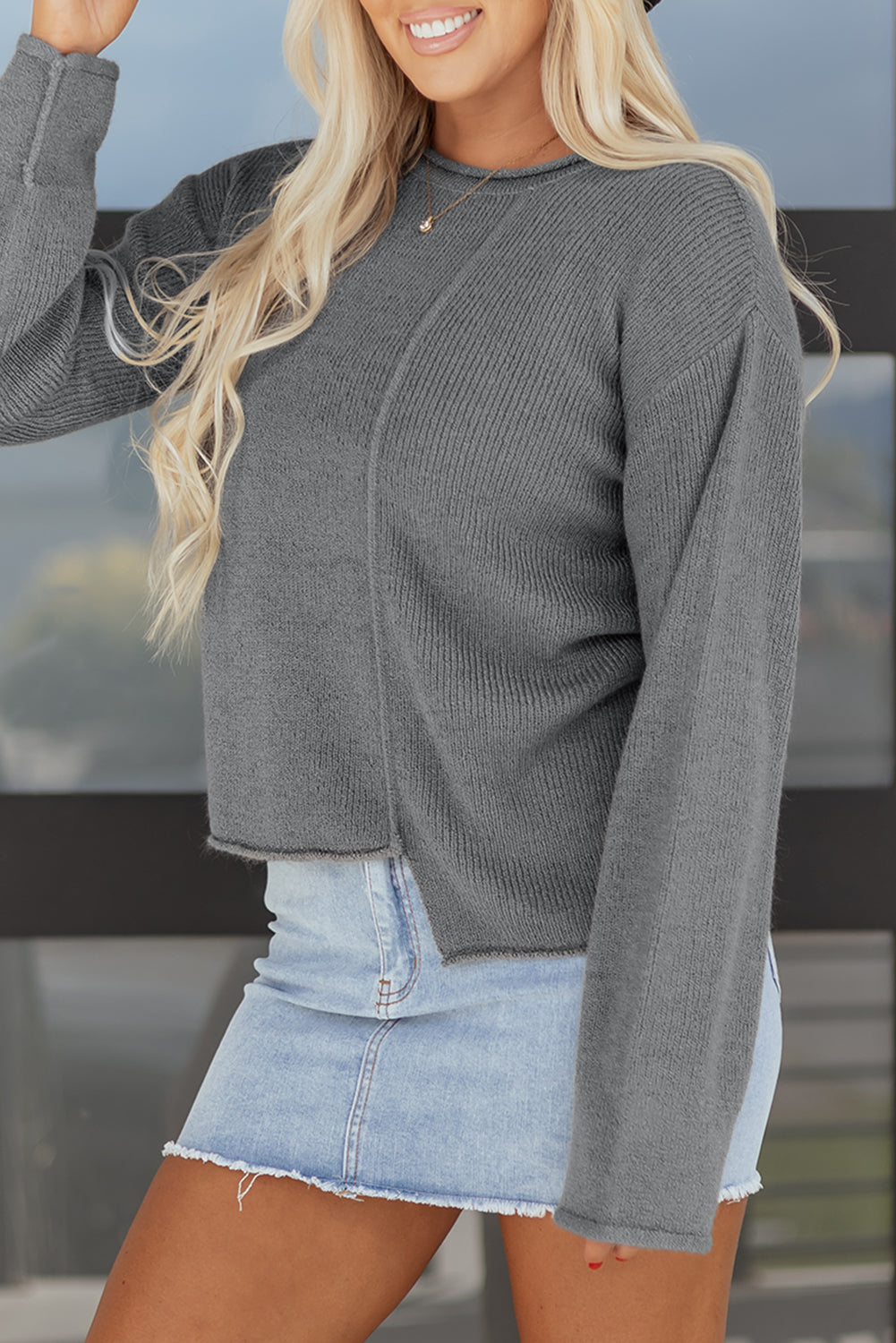 Medium Grey Raw Edge Uneven Hem Patchwork Drop Shoulder Sweater-TOPS / DRESSES-[Adult]-[Female]-2022 Online Blue Zone Planet