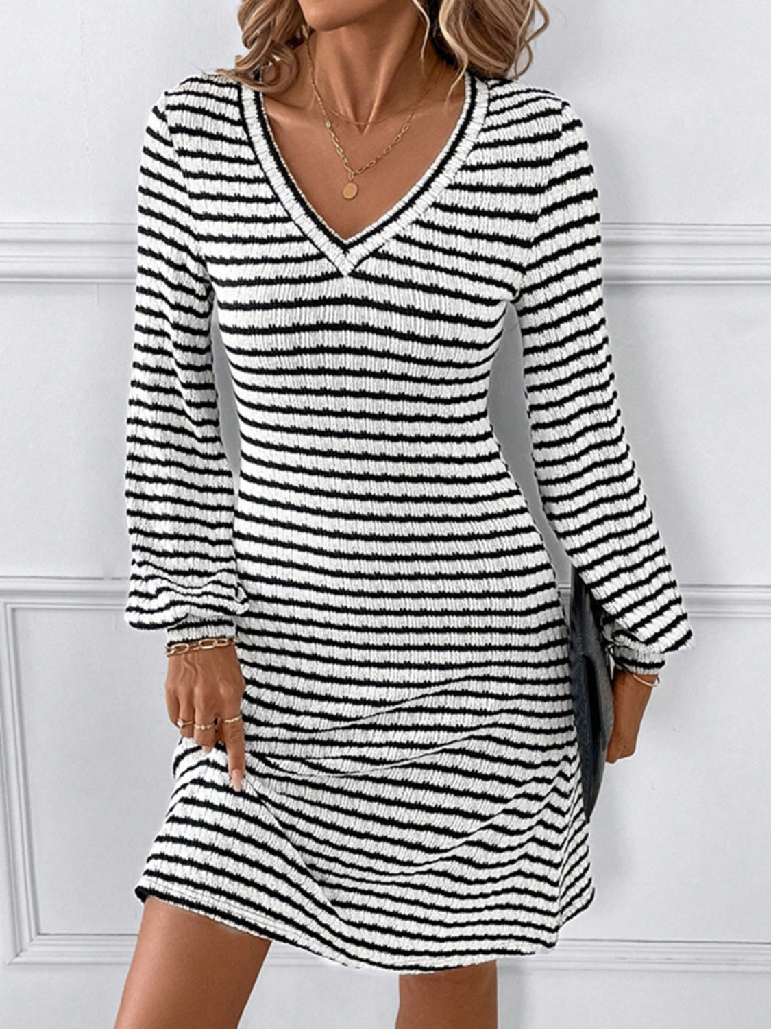 Blue Zone Planet |  Striped V-Neck Long Sleeve Dress