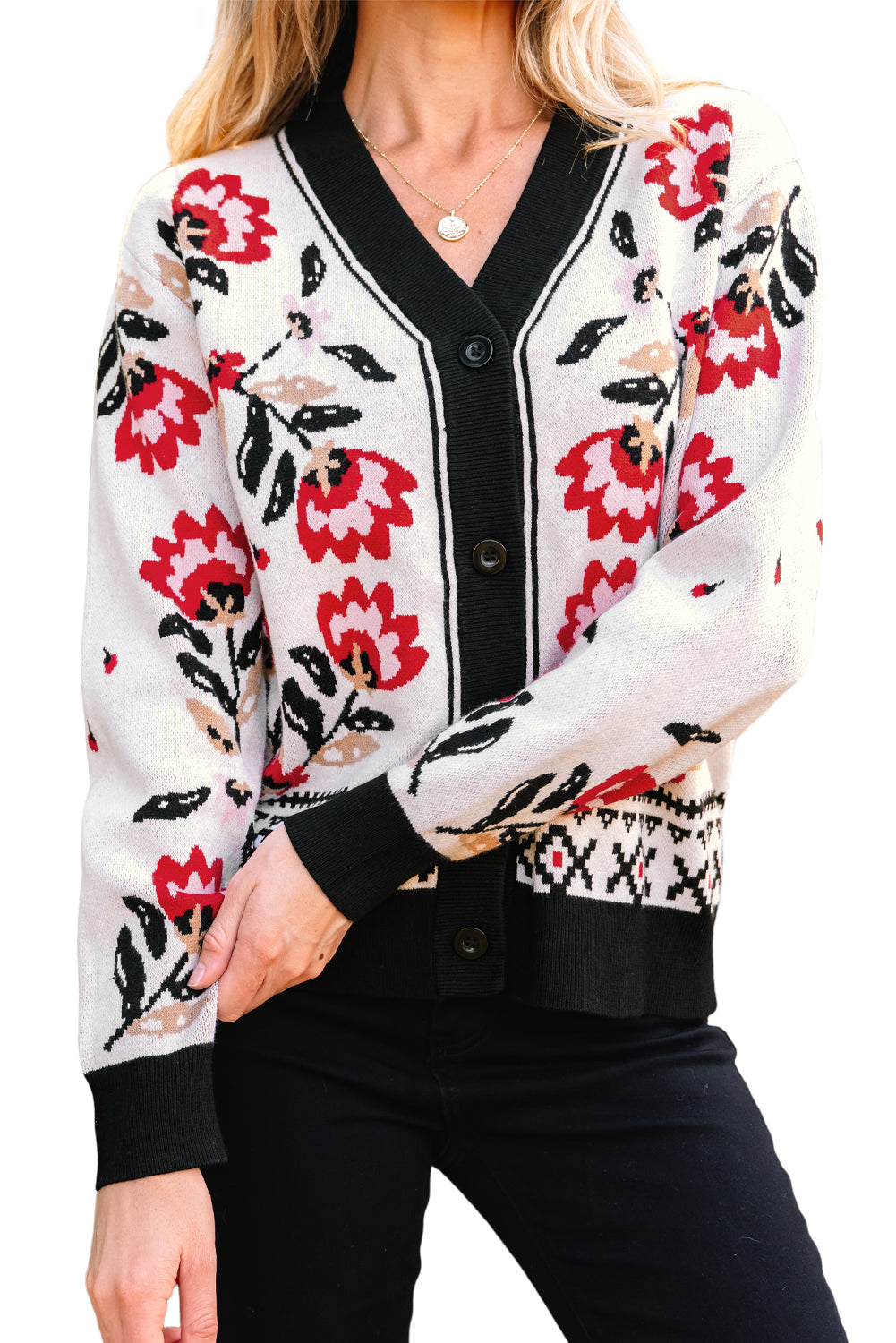 Beige Floral Print Buttoned Front V Neck Knit Cardigan-Sweaters & Cardigans/Cardigans-[Adult]-[Female]-2022 Online Blue Zone Planet