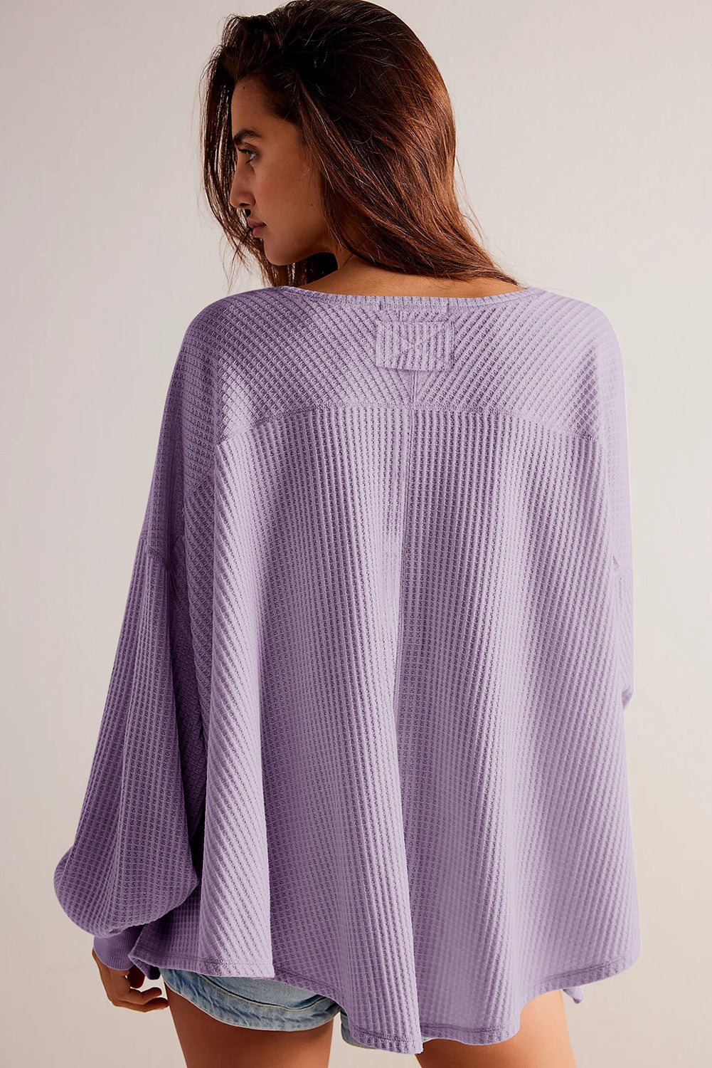 Blue Zone Planet | Orchid Petal Waffle V Neck Long Sleeve Drop Shoulder Loose Blouse-Tops/Blouses & Shirts-[Adult]-[Female]-2022 Online Blue Zone Planet