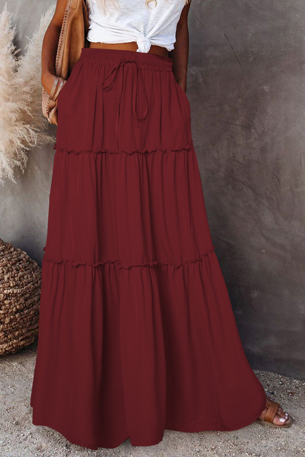 Fiery Red Black Frill Tiered Drawstring Waist Maxi Skirt-Bottoms/Skirts & Petticoat-[Adult]-[Female]-Fiery Red-S-2022 Online Blue Zone Planet