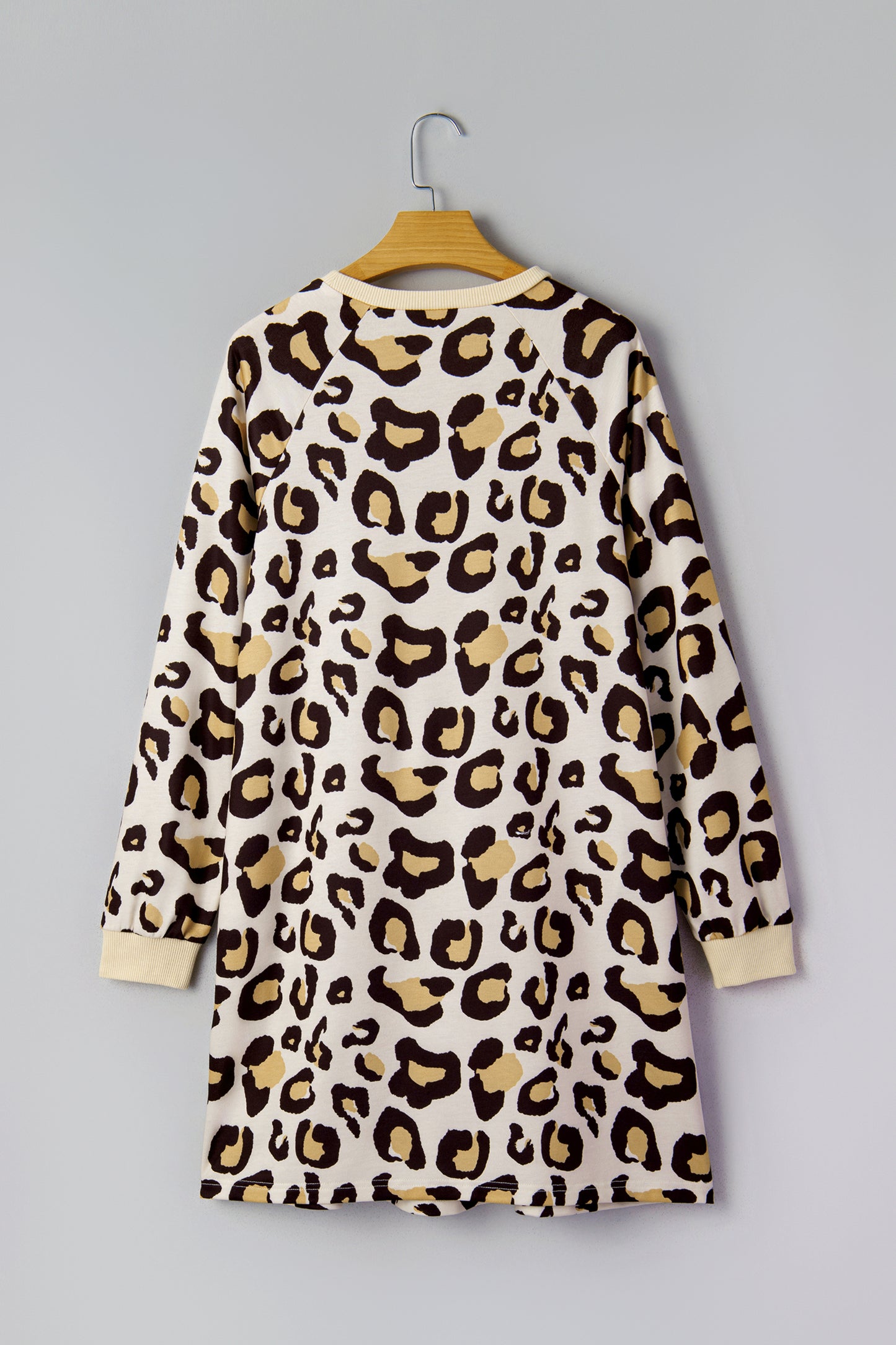 Khaki Leopard Long Sleeve Shift T Shirt Dress With Pockets-TOPS / DRESSES-[Adult]-[Female]-2022 Online Blue Zone Planet