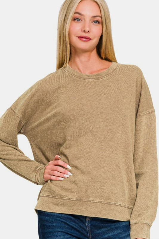 Blue Zone Planet | Zenana Washed Round Neck Dropped Shoulder Sweatshirt-TOPS / DRESSES-[Adult]-[Female]-Camel-S-2022 Online Blue Zone Planet