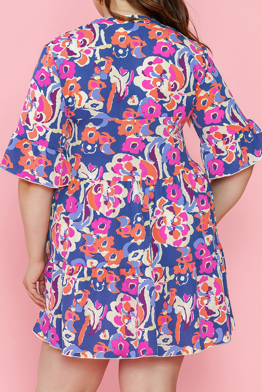 Blue Zone Planet | Blue Plus Size Floral Print Ruffled 3/4 Sleeve Mini Dress-TOPS / DRESSES-[Adult]-[Female]-2022 Online Blue Zone Planet