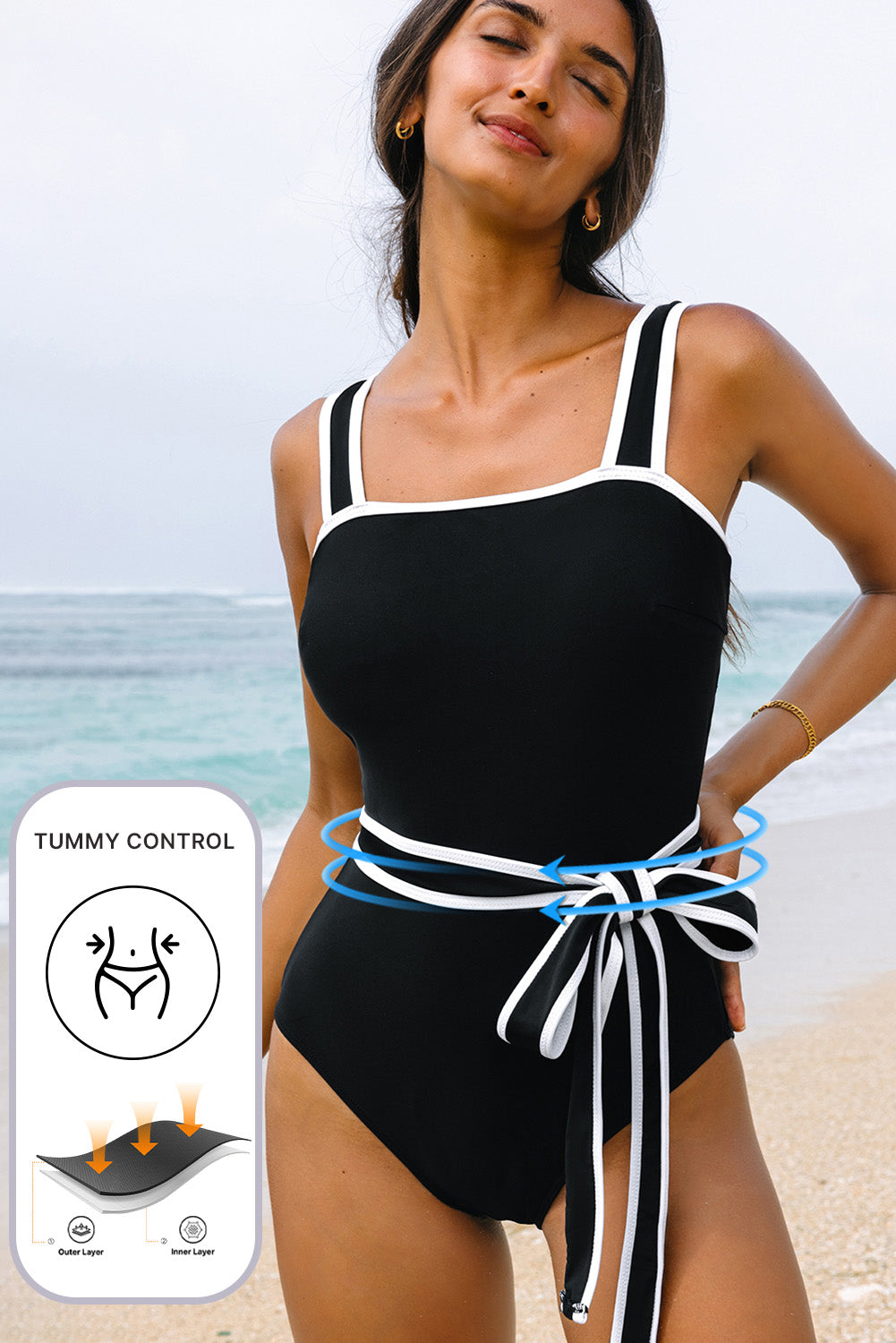 Blue Zone Planet | Black Colorblock Edge Belted One Piece Swimsuit-Swimwear/One Piece Swimsuit-[Adult]-[Female]-2022 Online Blue Zone Planet