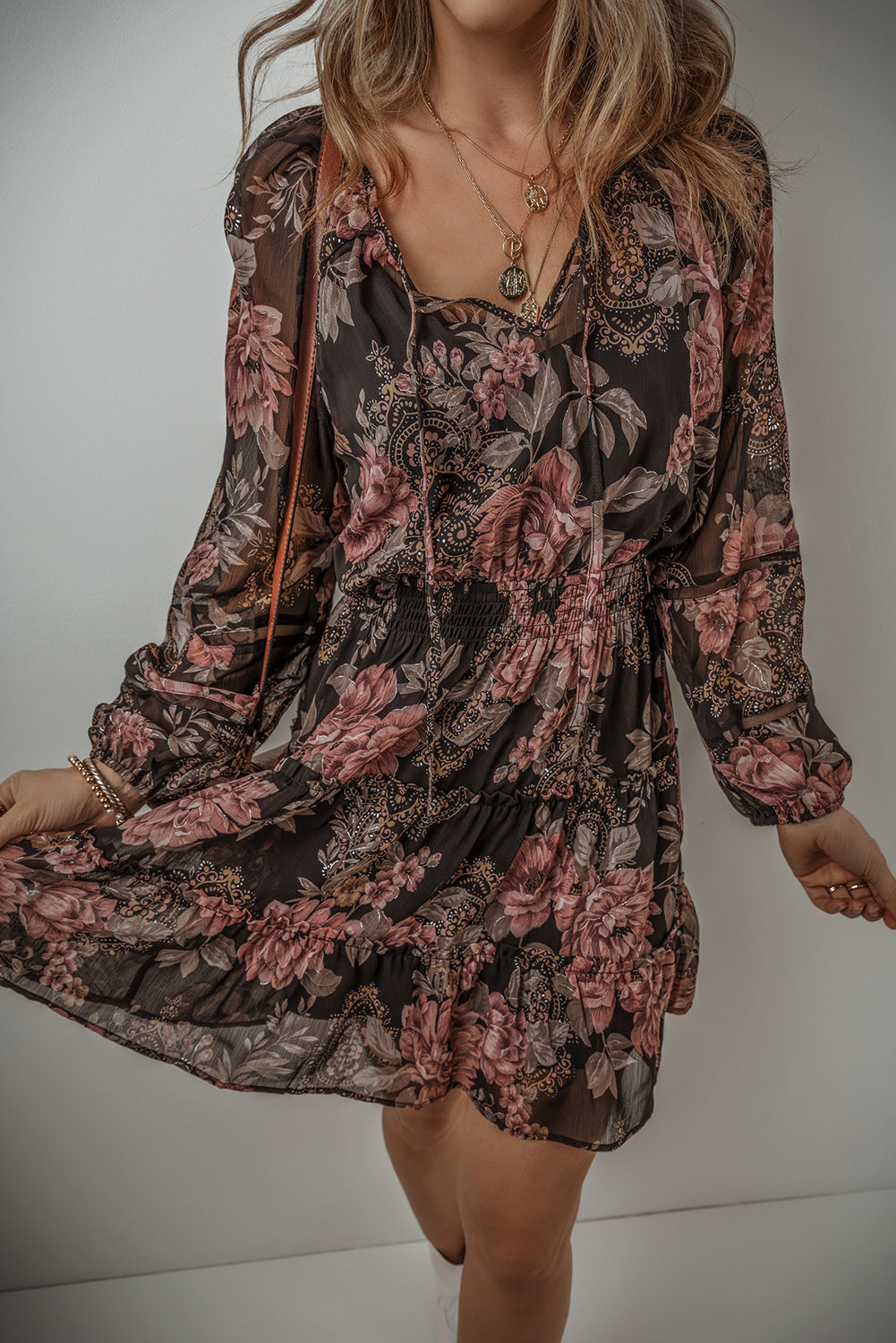 Black Vintage Floral Puff Sleeve V Neck Smock Waist Dress-Dresses/Floral Dresses-[Adult]-[Female]-2022 Online Blue Zone Planet