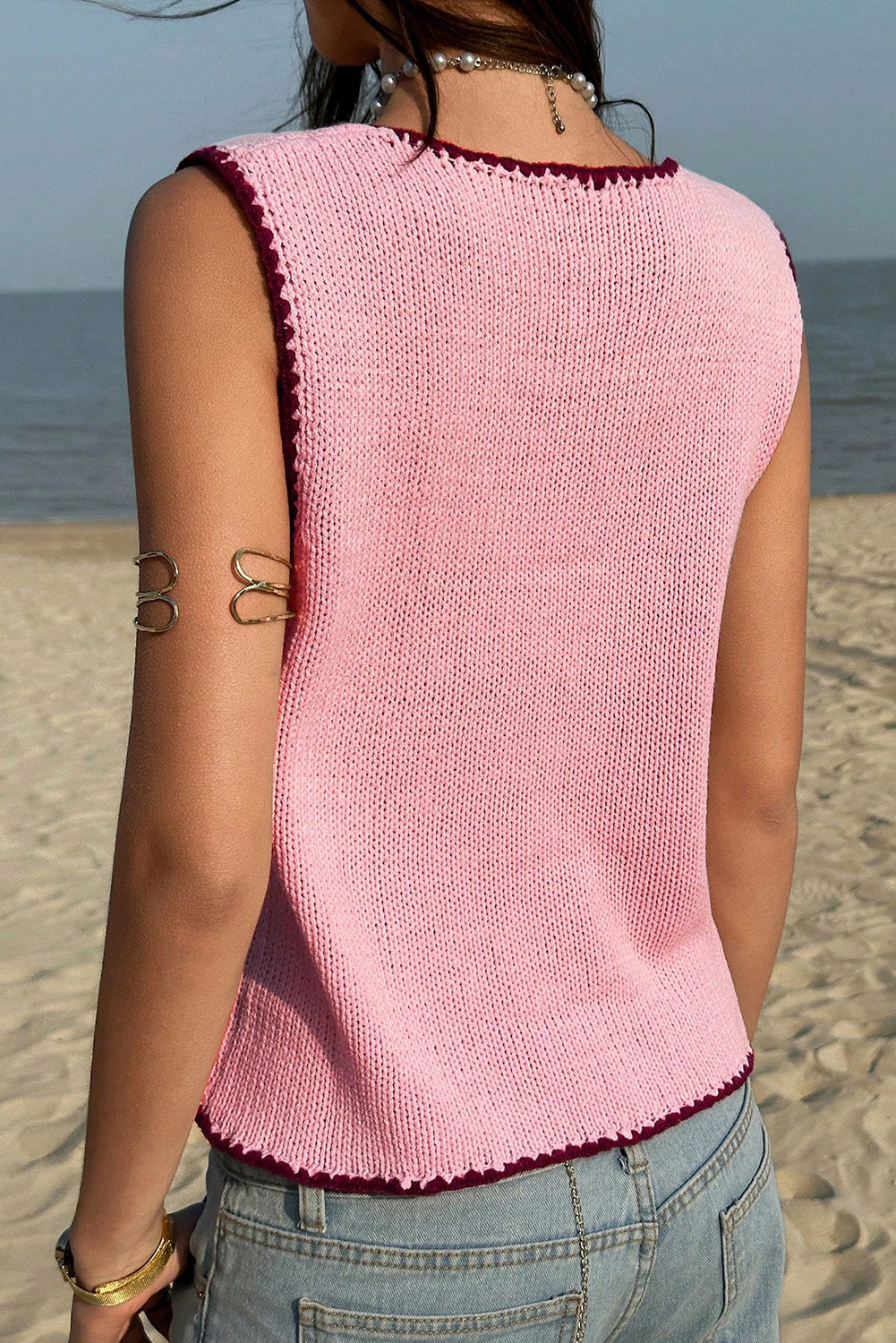Pink Contrast Trim Buttoned Front Sweater Vest-Sweaters & Cardigans/Sweater Vests-[Adult]-[Female]-2022 Online Blue Zone Planet