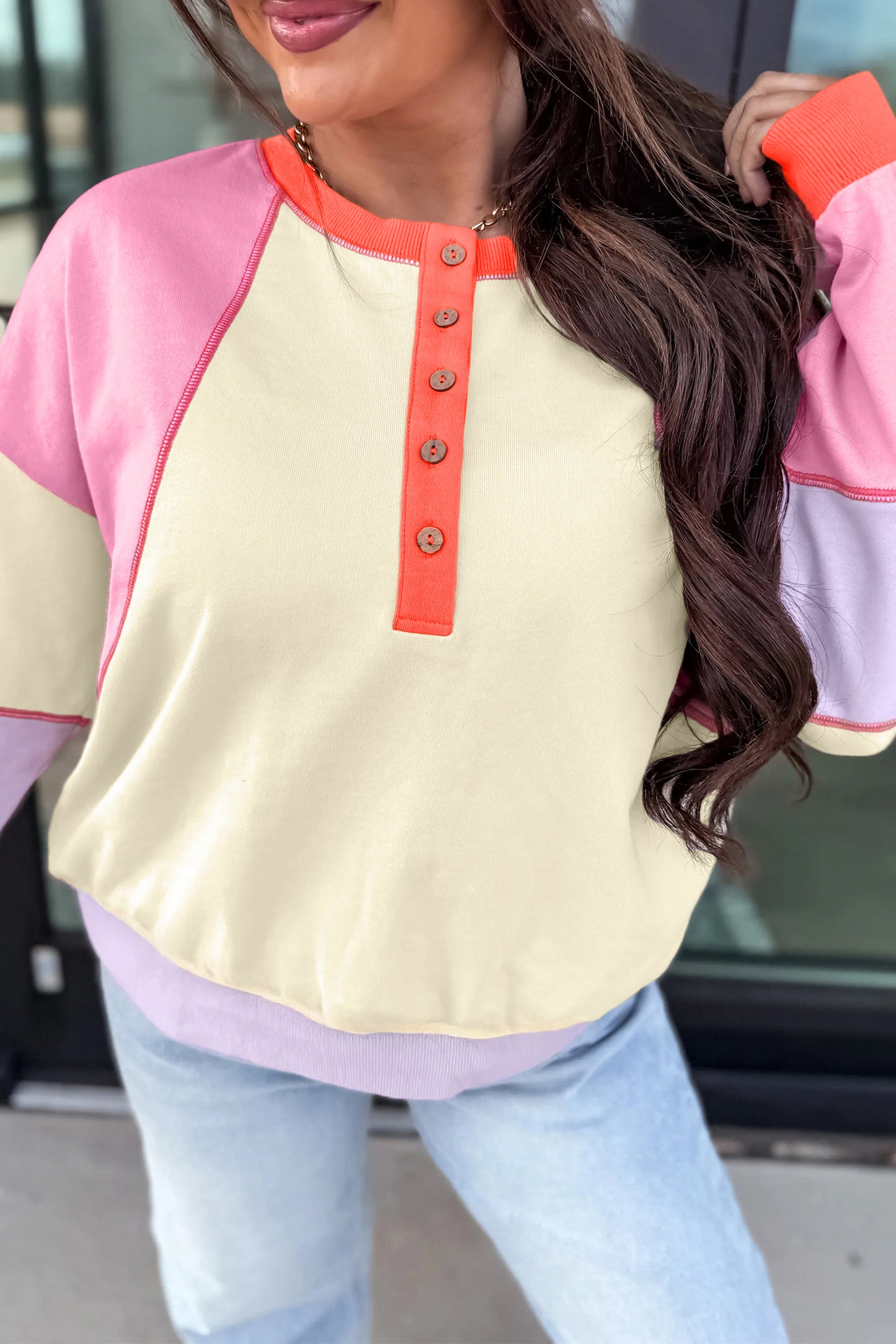 Multicolour Exposed Seam Colorblock Patchwork Pullover Long Sleeve Top