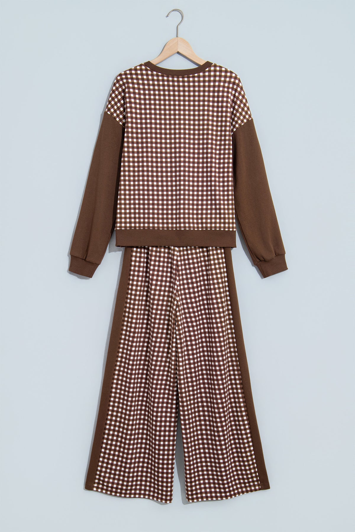 Khaki Color Block Plaid Patchwork Long Sleeve Pullover Wide Leg Pant Set-Two Piece Sets/Pant Sets-[Adult]-[Female]-2022 Online Blue Zone Planet