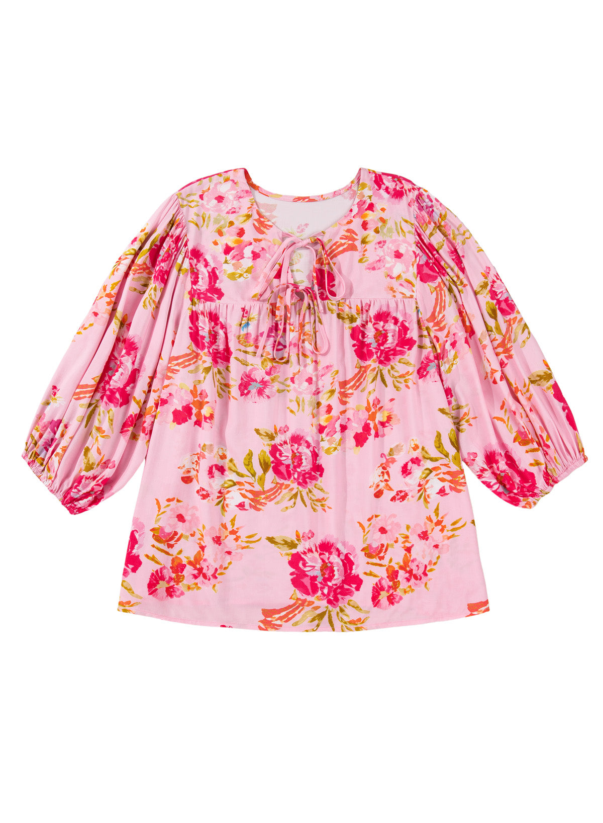 Pink Plus Size Floral Print V Neck Tie Front Short Sleeve Tunic Top-Plus Size/Plus Size Tops/Plus Size Blouses & Shirts-[Adult]-[Female]-2022 Online Blue Zone Planet