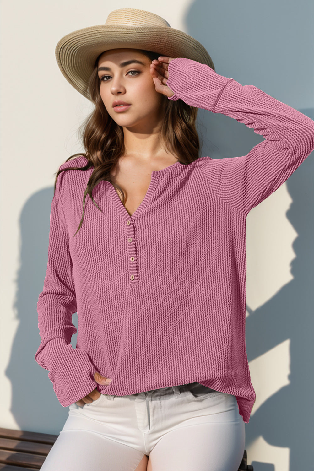 Double Take Full Size Notched Thumbhole Long Sleeve T-Shirt-TOPS / DRESSES-[Adult]-[Female]-Pink-S-2022 Online Blue Zone Planet