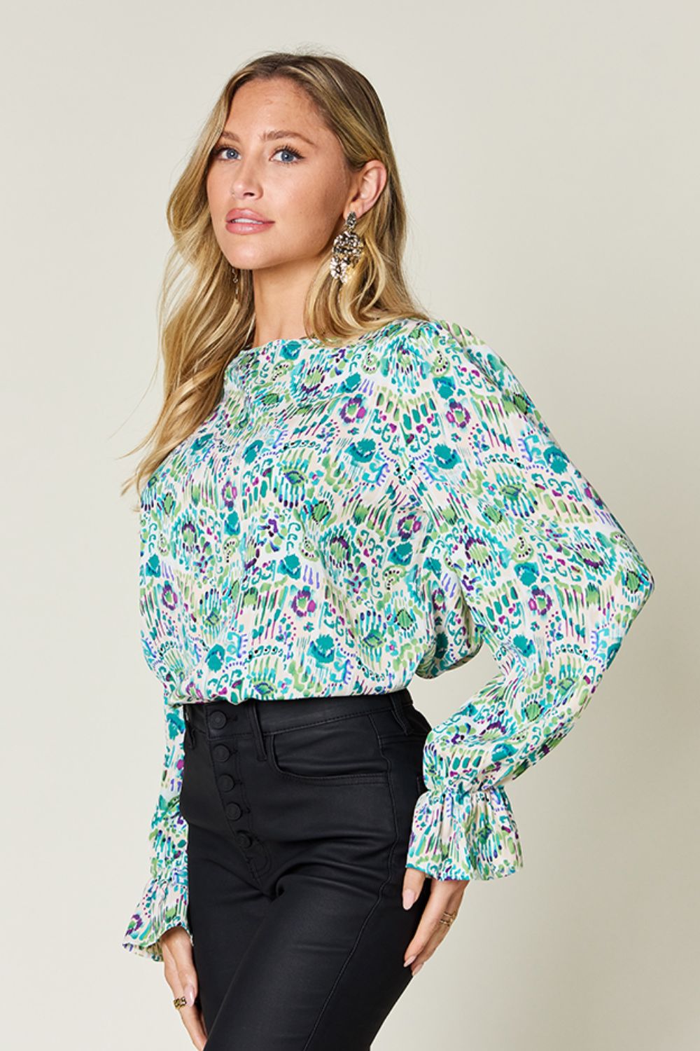 Blue Zone Planet | Double Take Full Size Printed Flounce Sleeve Blouse-TOPS / DRESSES-[Adult]-[Female]-2022 Online Blue Zone Planet