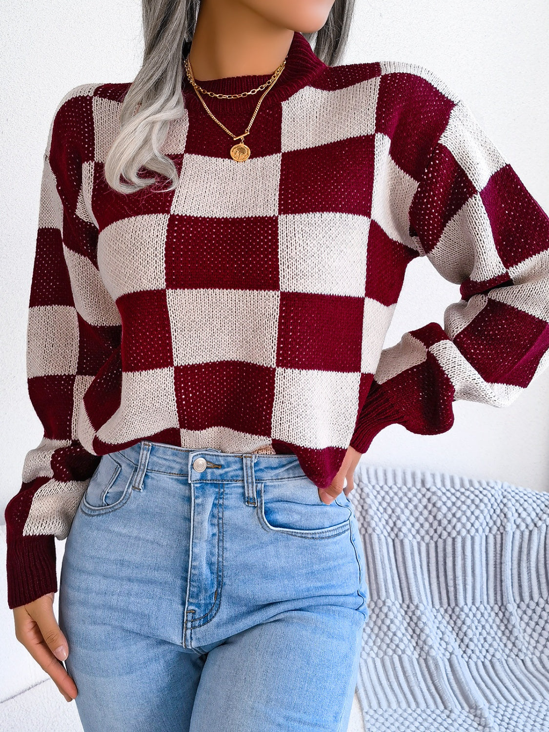 Checkered Mock Neck Long Sleeve Sweater-TOPS / DRESSES-[Adult]-[Female]-Burgundy-S-2022 Online Blue Zone Planet