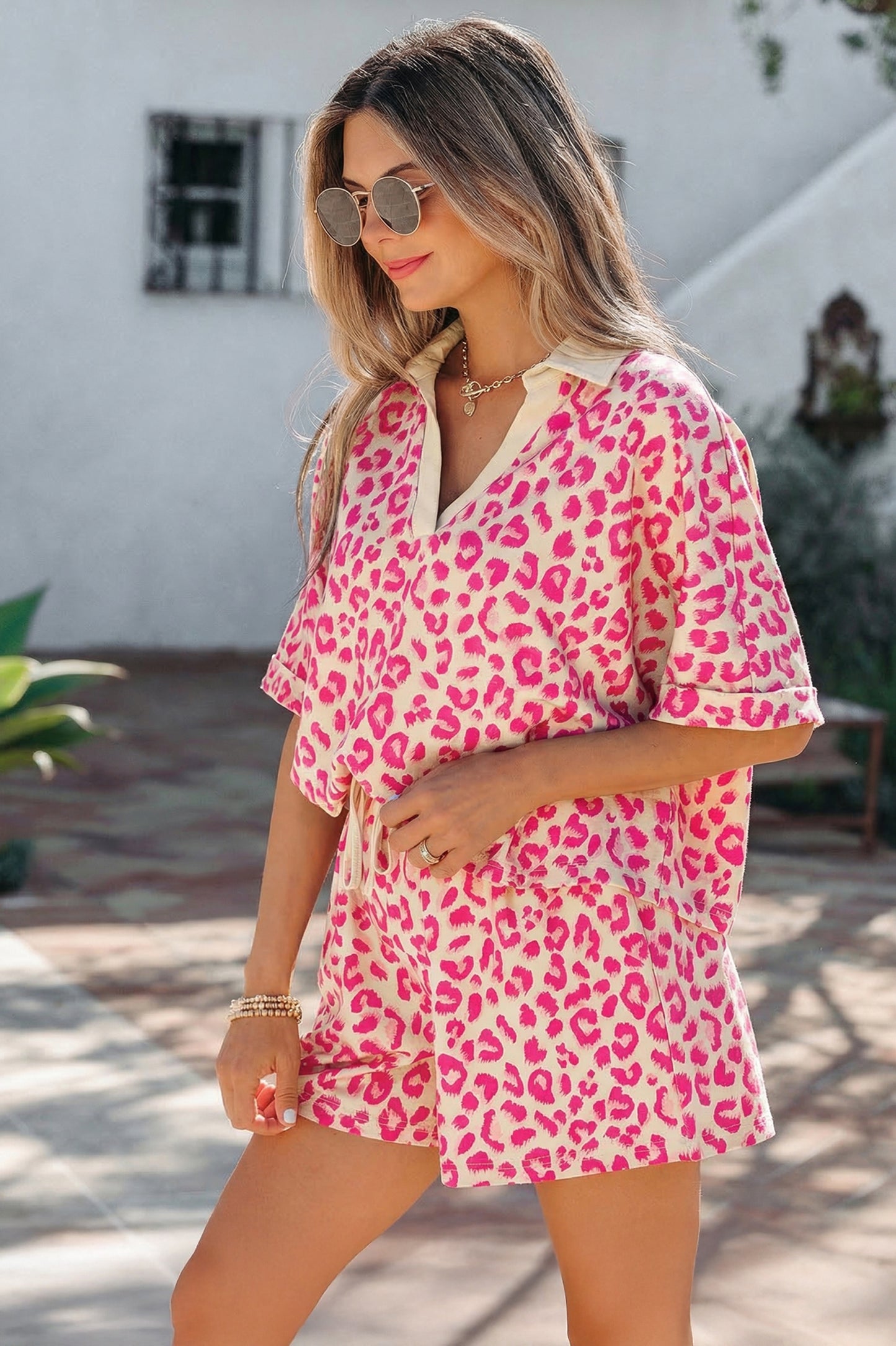 Khaki V Neck Collar Leopard Printed 2pcs Short Set-Two Piece Sets/Short Sets-[Adult]-[Female]-2022 Online Blue Zone Planet