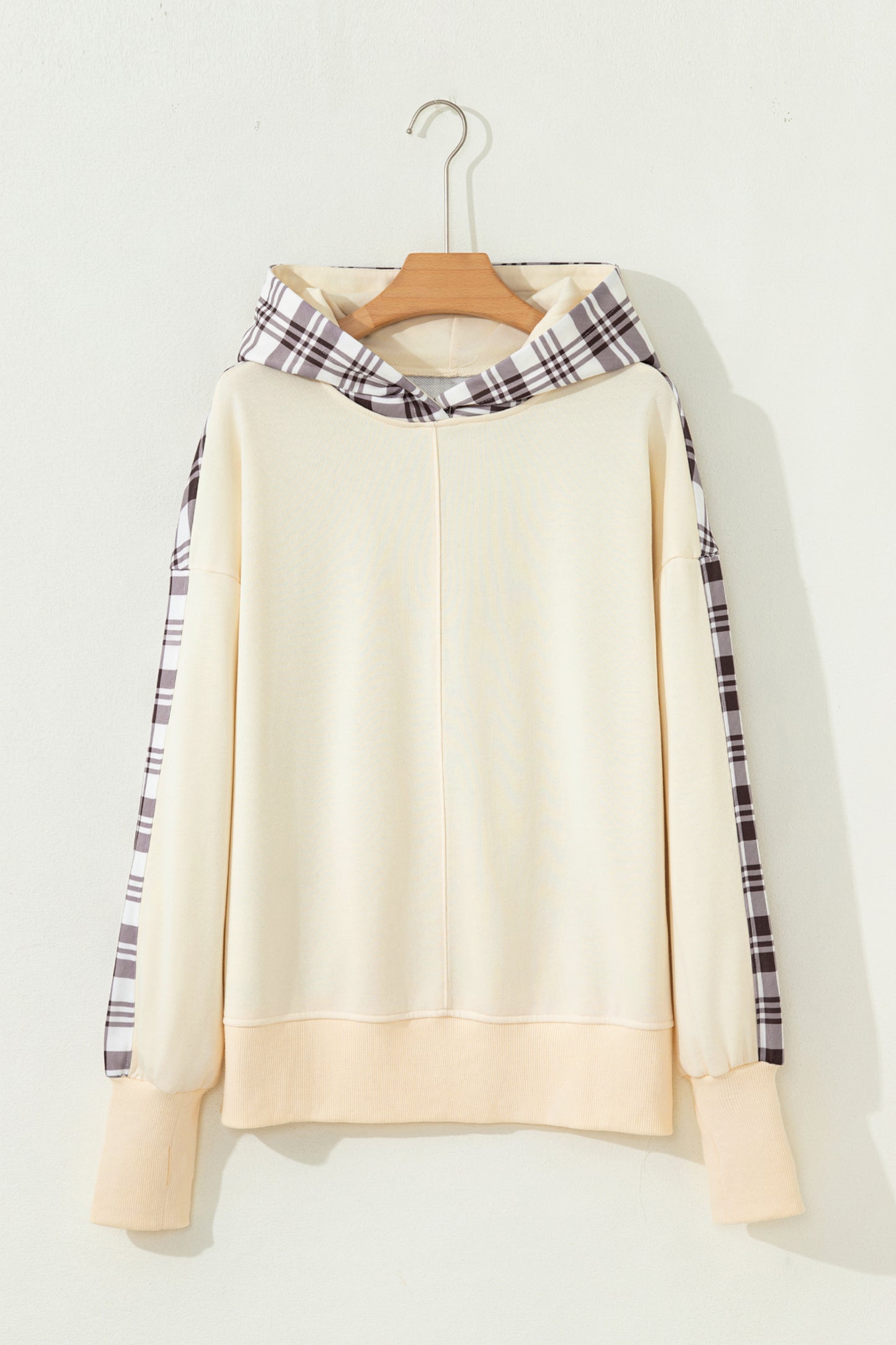 Beige Plaid Patchwork Side Slit Sweatshirt-Tops / Dresses-[Adult]-[Female]-2022 Online Blue Zone Planet