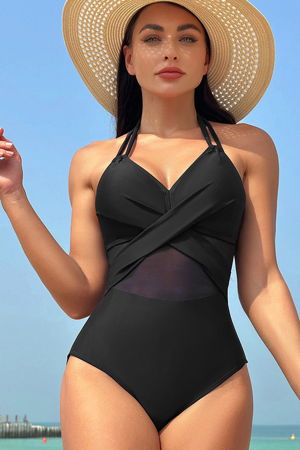 Black Halter Mesh Insert Cross Front One-Piece Swimsuit Blue Zone Planet