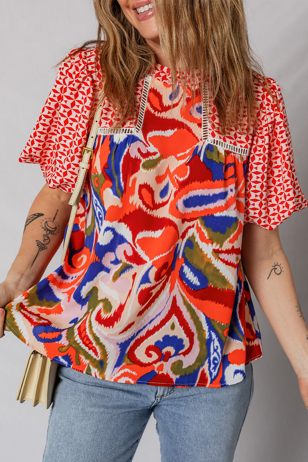 Red Paisley Geometric Mixed Print Patchwork Puff Sleeve Blouse Top-Tops/Blouses & Shirts-[Adult]-[Female]-2022 Online Blue Zone Planet