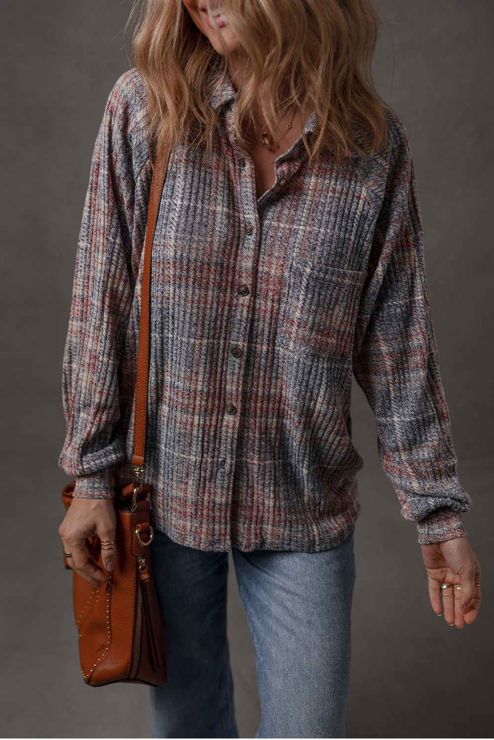 Multicolour Plaid Textured Chest Pocket Vintage Shirt-Tops/Blouses & Shirts-[Adult]-[Female]-2022 Online Blue Zone Planet