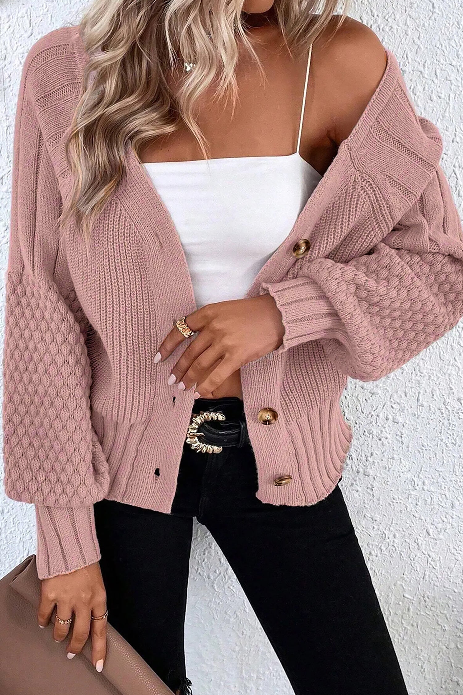 Light Pink Mixed Texture Knit Button V Neck Sweater Cardigan Light Pink / S / 52%Viscose+26%Polyester+22%Polyamide by Blue Zone Planet