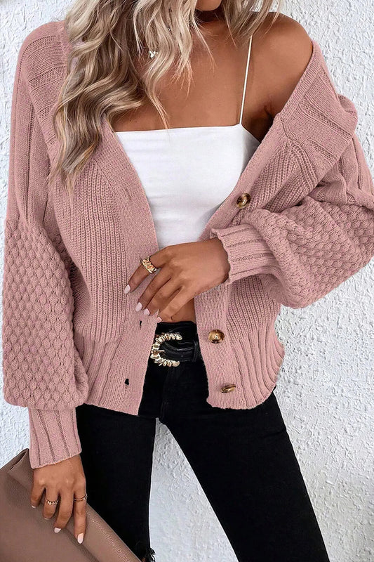 Light Pink Mixed Texture Knit Button V Neck Sweater Cardigan-TOPS / DRESSES-[Adult]-[Female]-2022 Online Blue Zone Planet