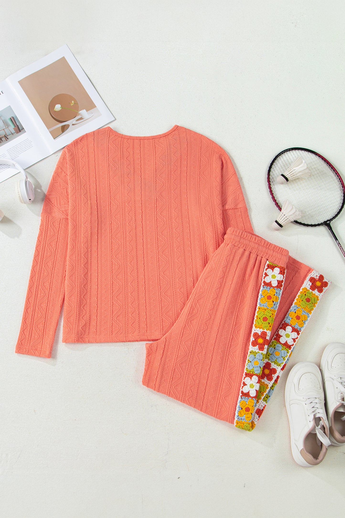 Grapefruit Orange Crochet Floral Accent V Neck Textured Pants Set-Two Piece Sets/Pant Sets-[Adult]-[Female]-2022 Online Blue Zone Planet