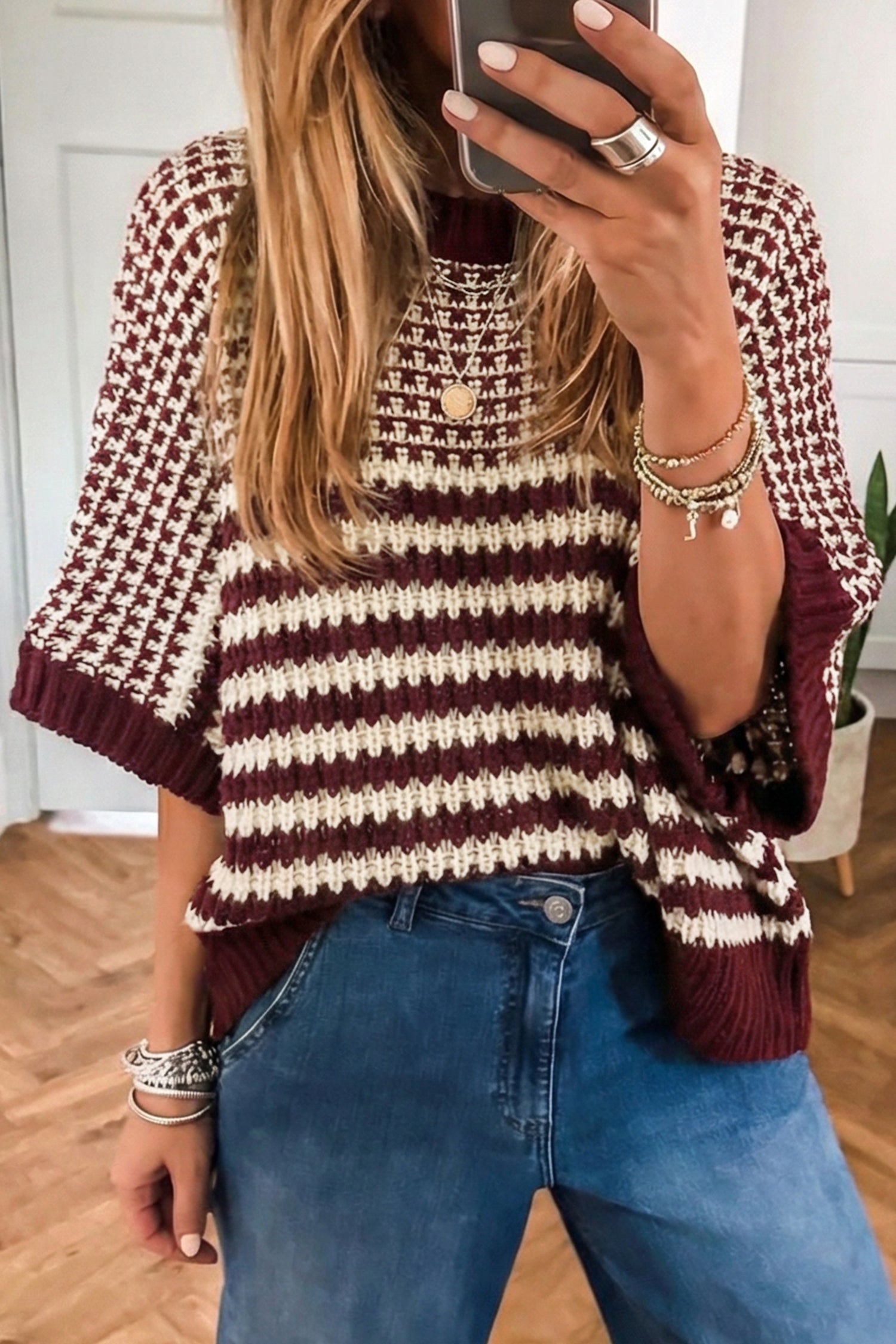 Red 3/4 Draped Sleeve Slouchy Sweater-Sweaters & Cardigans/Short Sleeve Sweaters-[Adult]-[Female]-Red-S-2022 Online Blue Zone Planet