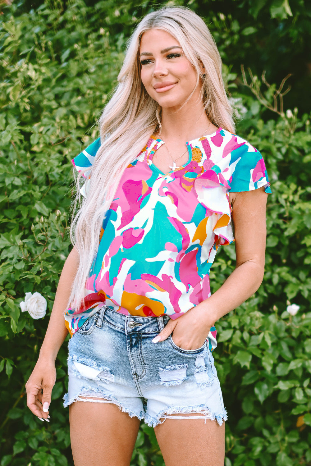 Multicolour Abstract Print Notched Neck Flutter Sleeve Blouse-Tops/Blouses & Shirts-[Adult]-[Female]-Multicolour-S-2022 Online Blue Zone Planet