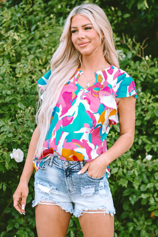 Multicolour Abstract Print Notched Neck Flutter Sleeve Blouse-Tops/Blouses & Shirts-[Adult]-[Female]-Multicolour-S-2022 Online Blue Zone Planet