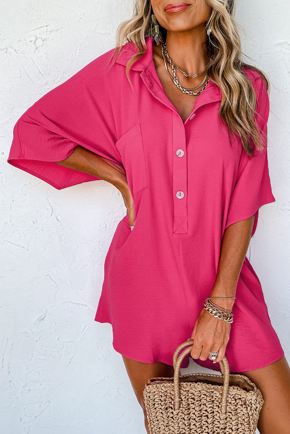 Bright Pink Half Button Collared Loose Romper Blue Zone Planet