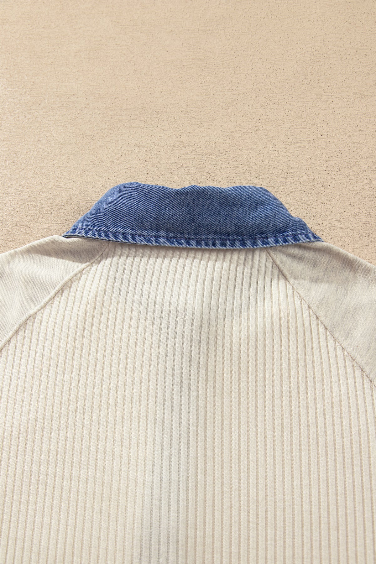Light Grey Ribbed Denim Colorblock Detail Button Collar Long Sleeve Top-Tops/Long Sleeve Tops-[Adult]-[Female]-2022 Online Blue Zone Planet