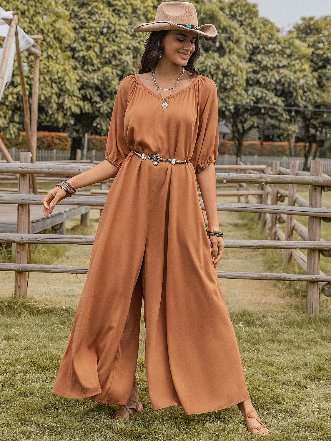 Scoop Neck Half Sleeve Wide Leg Jumpsuit-TOPS / DRESSES-[Adult]-[Female]-2022 Online Blue Zone Planet