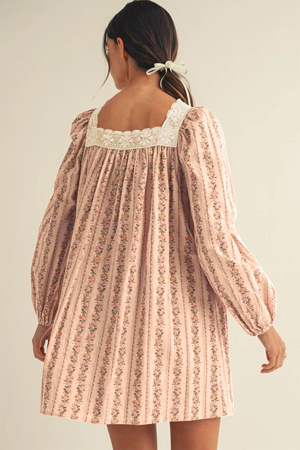 Khaki Floral Print Contrast Velvet Bow Lace Patchwork Long Sleeve Loose Mini Dress-TOPS / DRESSES-[Adult]-[Female]-2022 Online Blue Zone Planet