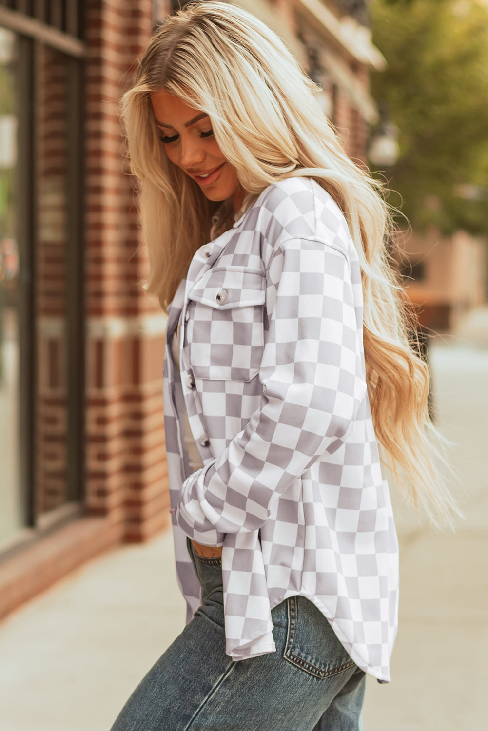 Khaki Checkerboard Flap Pocket Button Front Shacket-Outerwear/Plaid Shackets-[Adult]-[Female]-2022 Online Blue Zone Planet