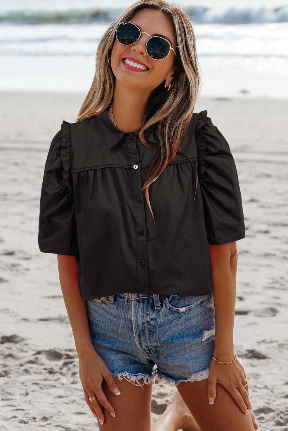 Black Frilly Puff Sleeve Stylish Collared Shirt-Tops/Blouses & Shirts-[Adult]-[Female]-2022 Online Blue Zone Planet
