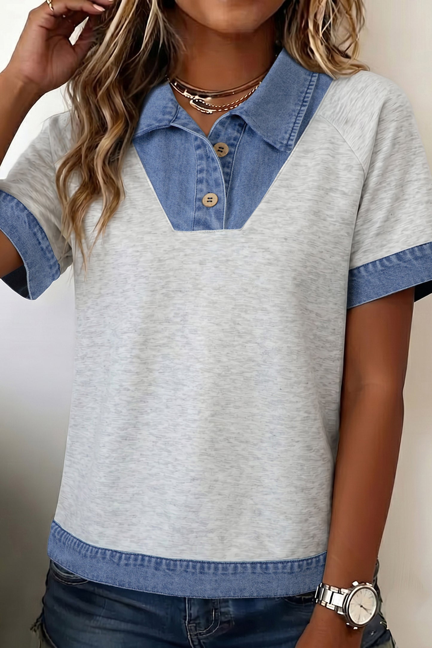 Light Grey Denim Contrast Collar Cuffed Short Sleeve Top