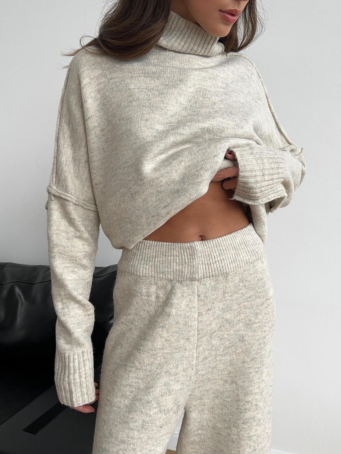 Slit Turtleneck Long Sleeve Top and Pants Sweater Set-TOPS / DRESSES-[Adult]-[Female]-2022 Online Blue Zone Planet