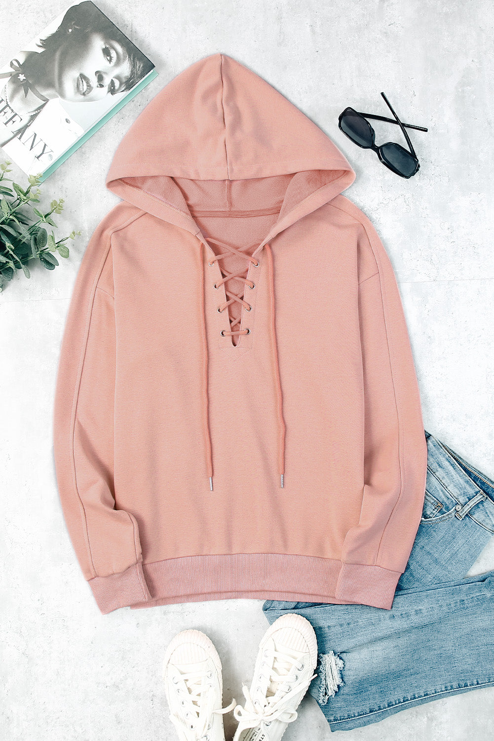 Lace Up Long Sleeve Hoodie-TOPS / DRESSES-[Adult]-[Female]-2022 Online Blue Zone Planet