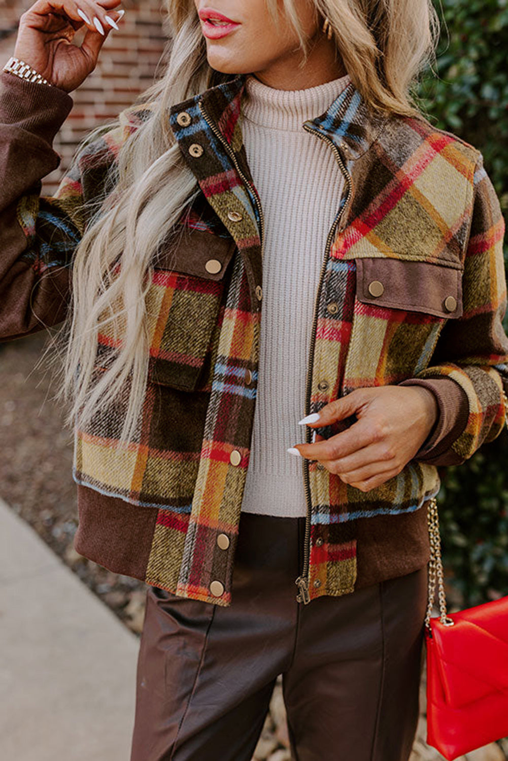 Brown Plaid Print Chest Pockets Button Zipper Stand Neck Jacket-Outerwear/Jackets-[Adult]-[Female]-Brown-S-2022 Online Blue Zone Planet